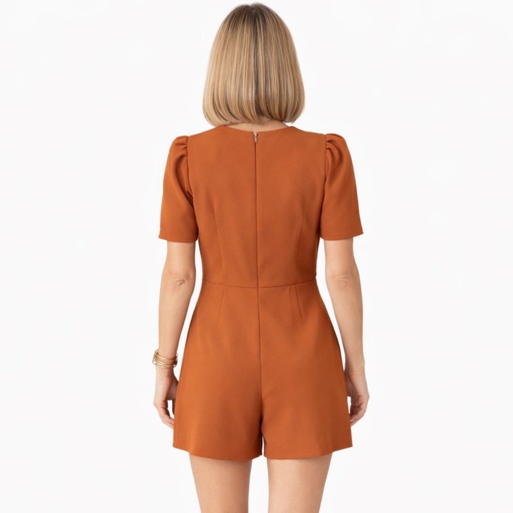 Burnt Orange V-Neck Button Front Romper Puff Sleeve Zip Back M - Picture 2 of 5